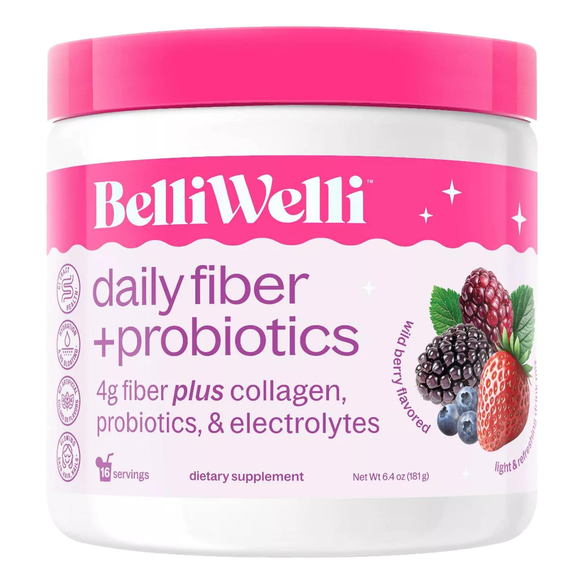 BelliWelli Daily Fiber Supplement + Probiotics, Electrolytes, Collagen, Powder – Wild Berry, 16 servings